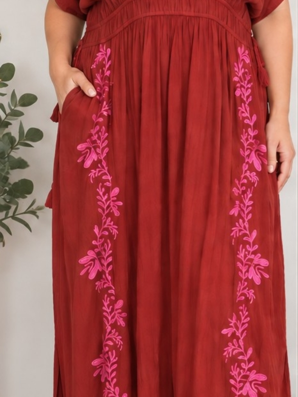 Knox Rose XL NWT Rust Red Pink Embroidered Boho Maxi Dress Tassel Tie